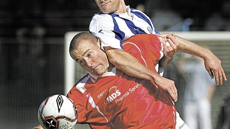 Tommy McCallion in his Coleraine days, tussling with Cliftonville&#39;s Conor Downey. On this day 20 years ago, he was mulling over a new contract with Cliftonville 
