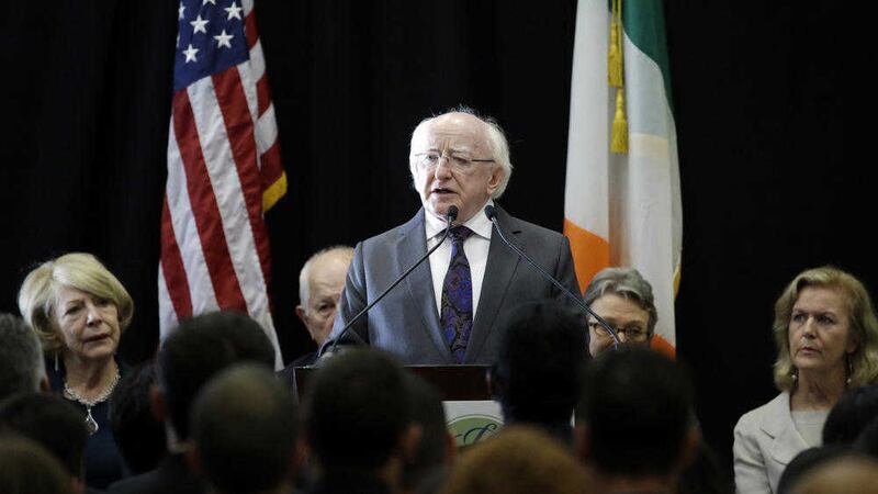 Michael D Higgins, the president of Ireland speaks in Berkeley, California yesterday. The Irish president is meeting with balcony collapse first responders and family members of victims. He was also expected to plant a tree near Berkeley City Hall in honor of the six students killed and seven injured PICTURE: Marcio Jose Sanchez/AP 