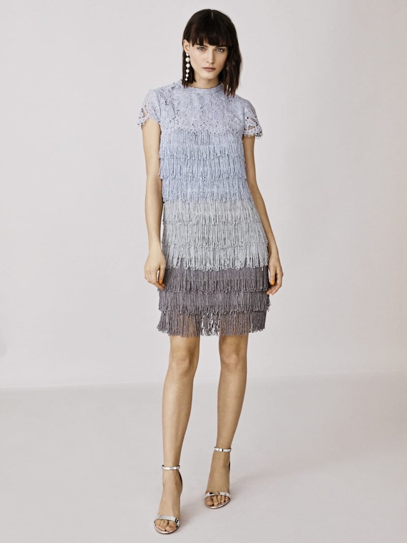 Oasis Fringe Dress, &pound;75; Suki Silver Strap Heels, &pound;38, available from Oasis in June 