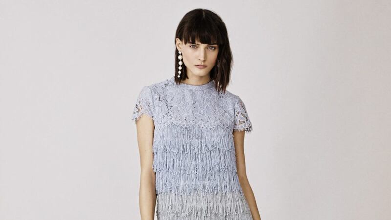 Oasis Fringe Dress, &pound;75; Suki Silver Strap Heels, &pound;38, available from Oasis in June 