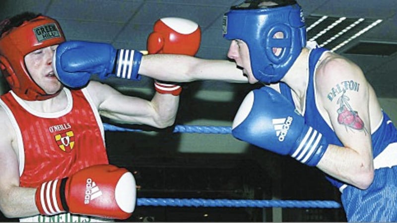 Ruairi Dalton (right), from the Holy Trinity club in Belfast connects on his opponent, Ciaran O&rsquo;Neill (Dockers ABC) in the Ulster Elite Boxing Championships at Donegal Celtic Football Club, Belfast on January 28 2010. Dalton won the contest 14-5 to progress to next week&rsquo;s final. 