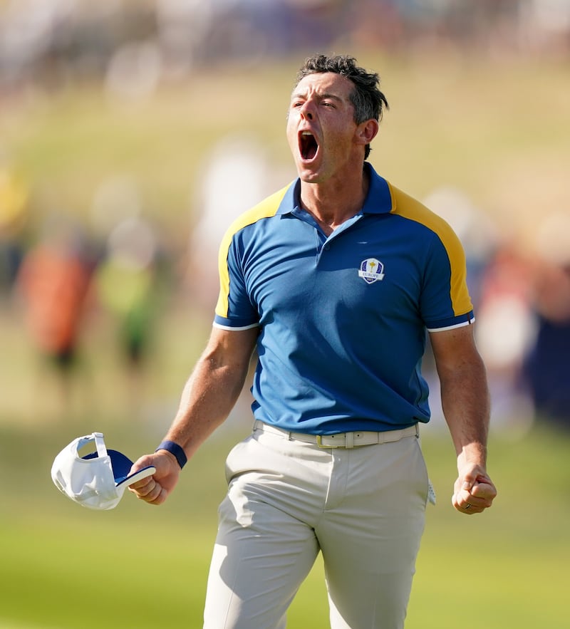 Team Europe's Rory Mcilroy celebrates his shot on the 17th during day three of the 44th Ryder Cup at the Marco Simone Golf and Country Club, Rome, Italy on Sunday October 1, 2023. Picture by Zac Goodwin, PA.