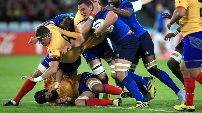 France's Louis Picamoles tries to break through the Romania tackle during the Rugby World Cup match at the Olympic Stadium, London<br />Picture: PA&nbsp;