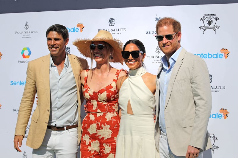 The Duke and Duchess of Sussex (right) with Nacho Figueras and his wife Delfina Blaquier (left) during the Royal Salute Polo Challenge