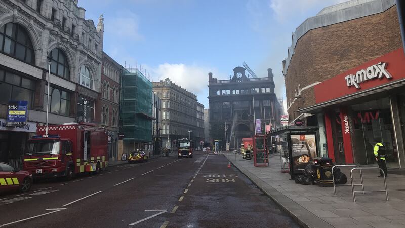 <b>PRIMARK INFERNO:</b> The shell of the Bank Buildings in Belfast after a huge fire which started on the roof gutted the whole building, a tragedy for staff, customers and investors alike