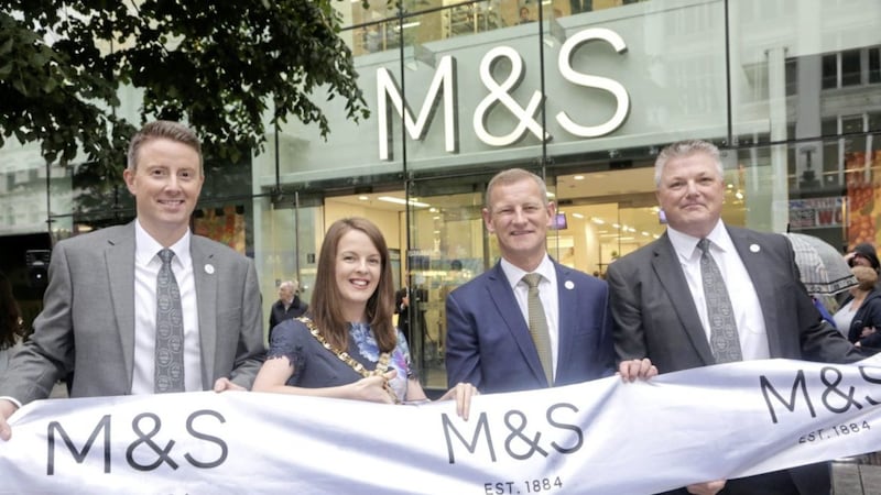 M&amp;S Head of Region for Northern Ireland Ryan Lemon; Lord Mayor Nuala McAllister; M&amp;S chief executive Steve Rowe and M&amp;S Belfast store manager Colin McGreevy. Photo: Brian Thompson 