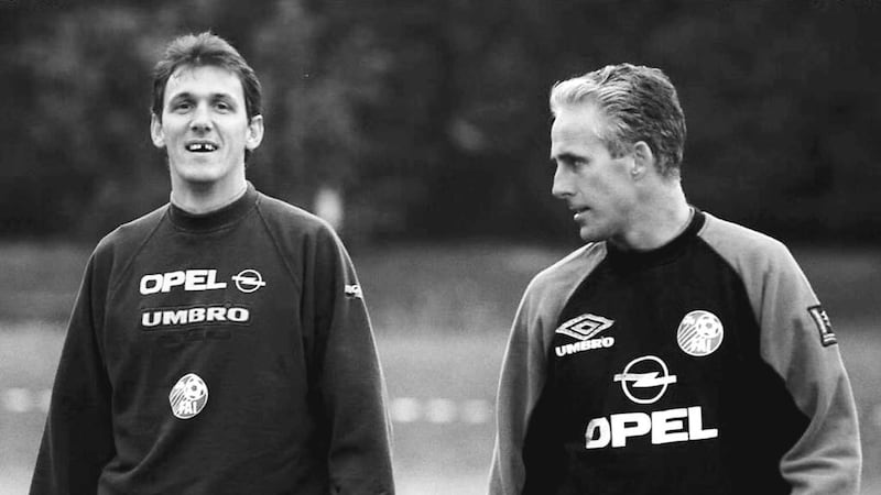 Tony Cascarino (left) with former Republic of Ireland manager, Mick McCarthy&nbsp;
