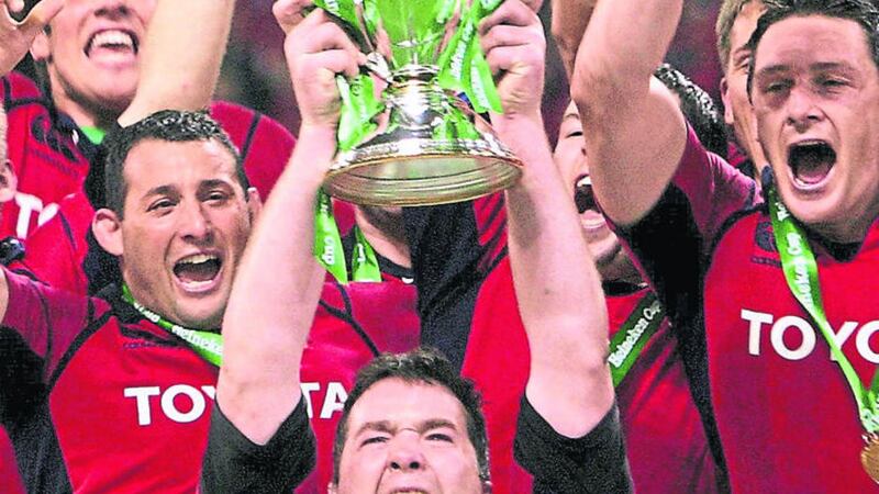 Then Munster captain Anthony Foley lifts the Heineken Cup following their final victory in 2006&nbsp;