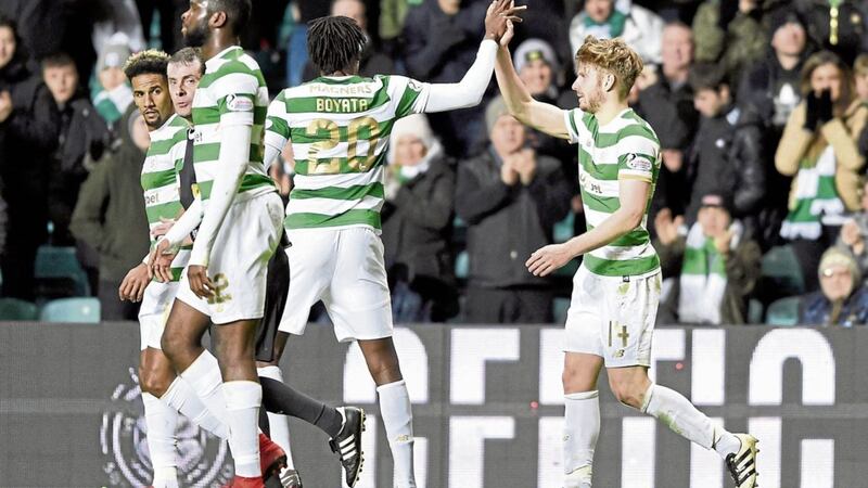 Celtic&#39;s Stuart Armstrong celebrates scoring his side&#39;s first goal against Partick 