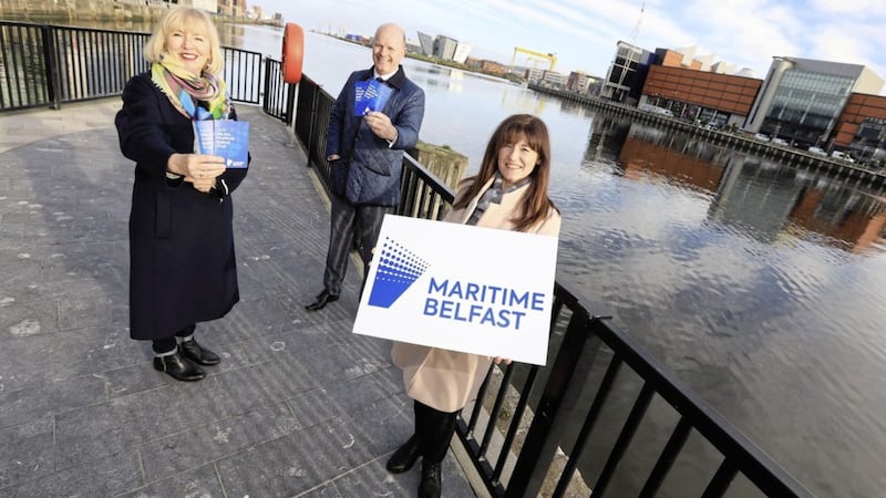 Maritime Belfast Trust chair Marie Therese McGivern (left) and chief executive Kerrie Sweeney with Joe O&rsquo;Neill, chief executive of Belfast Harbour 