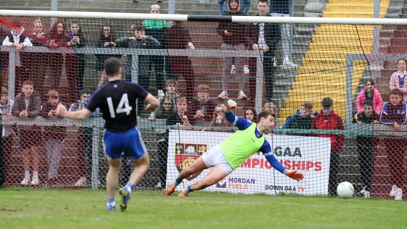 Loughinisland's Rory Mason hits the post in the penalty shootout in the Down GAA SFC semi-final between Loughinisland and Warrenpoint at Pairc Esler    Picture: Philip Walsh