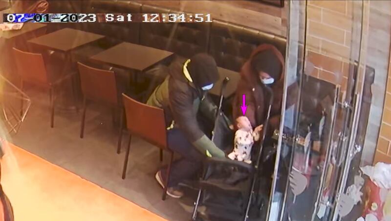 CCTV of Constance Marten, Mark Gordon and baby Victoria in a German doner kebab shop in East Ham, London last January 7