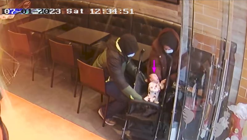 CCTV of Constance Marten, Mark Gordon and baby Victoria in a German doner kebab shop in East Ham, east London, in January 2023