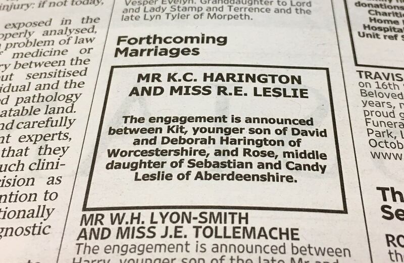 The announcement in The Times newspaper of the engagement between Game Of Thrones stars Kit Harington and Rose Leslie (PA Wire)