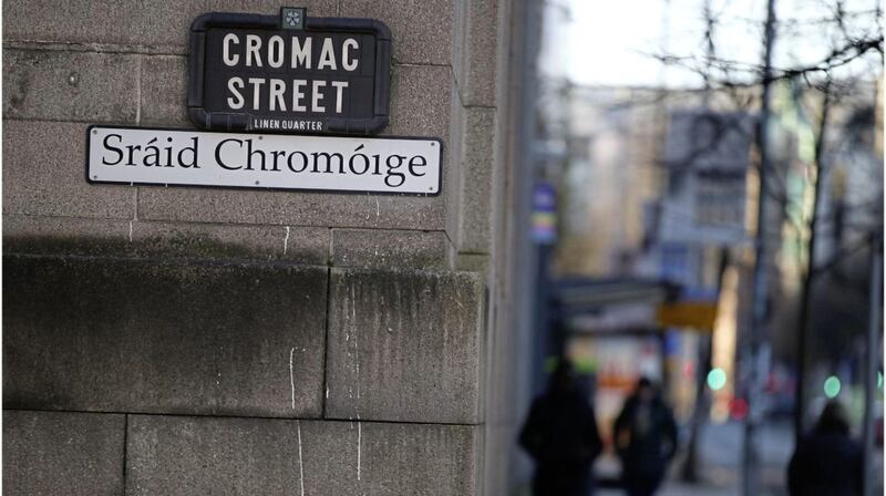 An Irish language street sign in Belfast. Picture by Hugh Russell 
