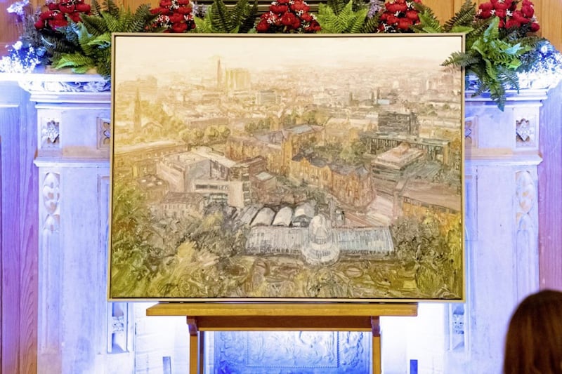 Colin Davidson&#39;s latest cityscape of Belfast will be displayed in the Chaplaincy. It shows the University area and pans over the city to Cave Hill. Picture by Andrew Towe. 