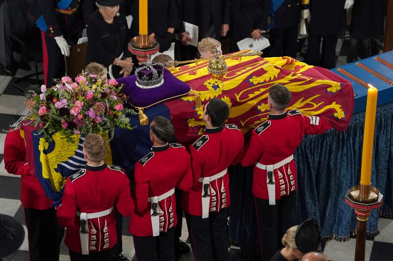 The coffin is placed near the altar at the State Funeral of Queen Elizabeth II, held at Westminster Abbey