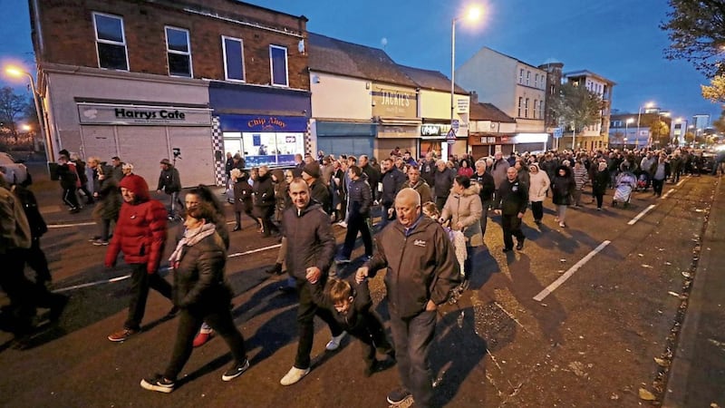 About 300 people took part in a memorial march on Belfast&#39;s Shankill Road to mark the 25th anniversary of the Shankill bombing in which nine people - including two children &ndash; were killed in an IRA bomb attack. Other atrocities were also commemorated PICTURE: Niall Carson/PA  