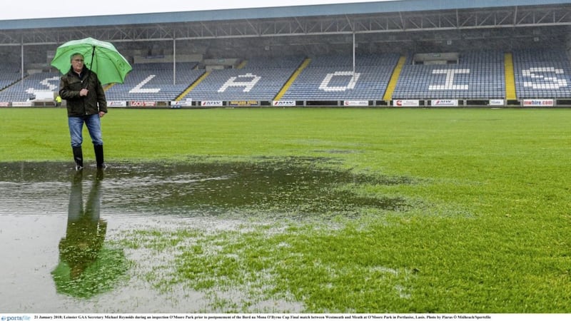 Leinster GAA secretary Michael Reynolds inspects the O&rsquo;Moore Park pitch in Portlaoise before calling off yesterday&rsquo;s double-header which was to feature the Bord na Mona O&rsquo;Byrne Cup final between Westmeath and Meath and the AIB Ulster Club IFC semi-final between Moy and An Ghaeltacht Picture by Piaras &Oacute; M&iacute;dheach/Sportsfile 