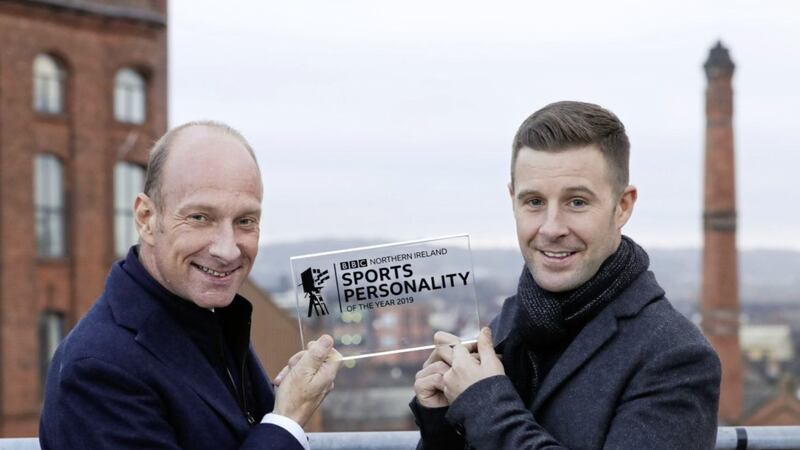 World Superbike champion Jonathan Rea (right) receives the BBC NI Sports Personality of the Year award from BBC sports presenter Stephen Watson. Picture by Kelvin Boyes / Presseye 