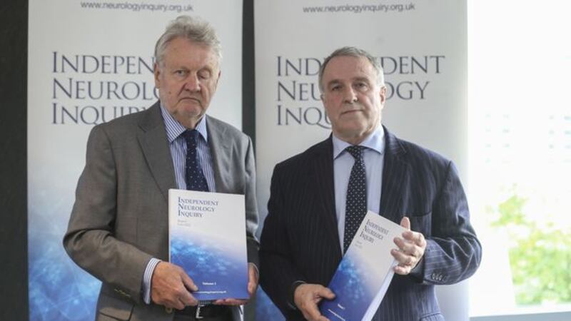 Professor Hugo Mascie Taylor (left) and Chairperson Brett Lockhart QC at the launch of the Independent Neurology Inquiry report in Belfast today. Picture by Hugh Russell&nbsp;