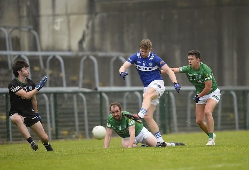 Mark Timmons scores a goal for Laois in the second half at Brewster Park. Picture: Mark Marlow