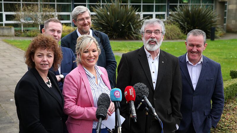 Sinn Fein MLA Michelle O'Neill and party leader Gerry Adams speak to the media at the Glass House Stormont Castle. Picture Mal McCann&nbsp;