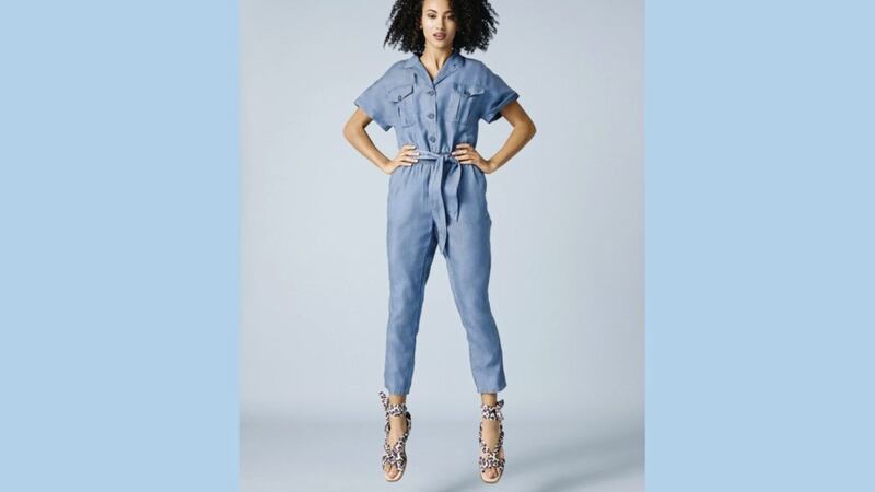 Oasis Utility Boiler Suit, &pound;55; Tie Leopard Sandals, &pound;25, available from Oasis (sandals available in May) 