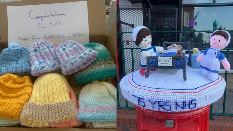 Baby hats knitted by Knit and Natter members in Kippax for the NHS anniversary and a postbox topper knitted for the anniversary (Kathleen Jackson/PA)