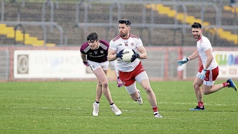 Tyrone&#39;s Mattie Donnelly in action with Galway&#39;s Shane Walsh in a Division 1 Allianz Football League Game at Healy Park, Omagh. Picture by Seamus Loughran. 