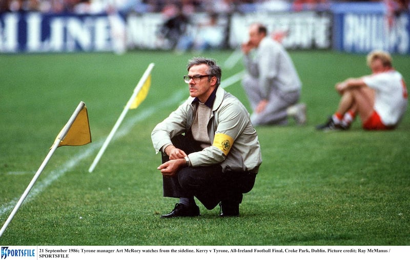The late Art McRory pictured hunkered over during Tyrone's 1986 All-Ireland final defeat by Kerry. Picture: Sportsfile