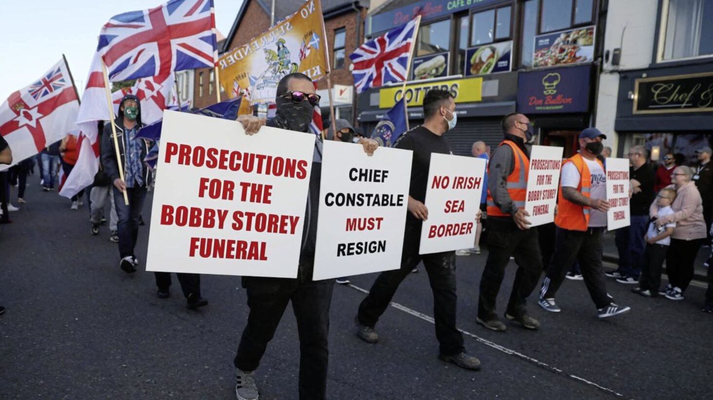 Loyalist protesters in Newtownards, Co Down, on Friday  