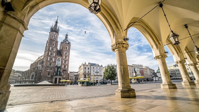 The Main Square in Krakow, Poland, is surrounded with bars and restaurants 