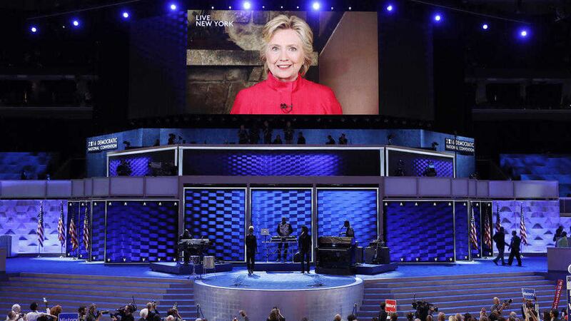 Democratic Presidential candidate Hillary Clinton appears on a large monitor to thank delegates during the second day of the Democratic National Convention in Philadelphia on Tuesday. Picture by J Scott Applewhite, Associated Press 