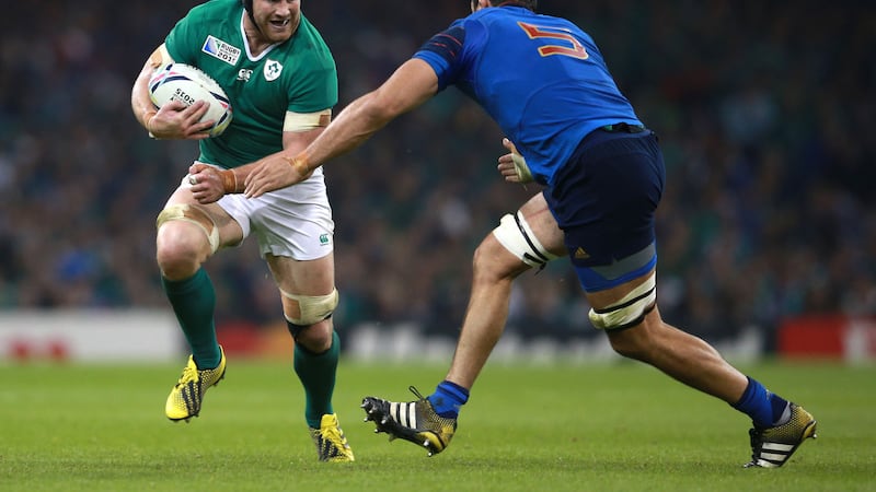 Ireland's Sean O'Brien (left) and France's Yoann Maestri during the Rugby World Cup match at Millennium Stadium, Cardiff on Sunday October 11, 2015&nbsp;