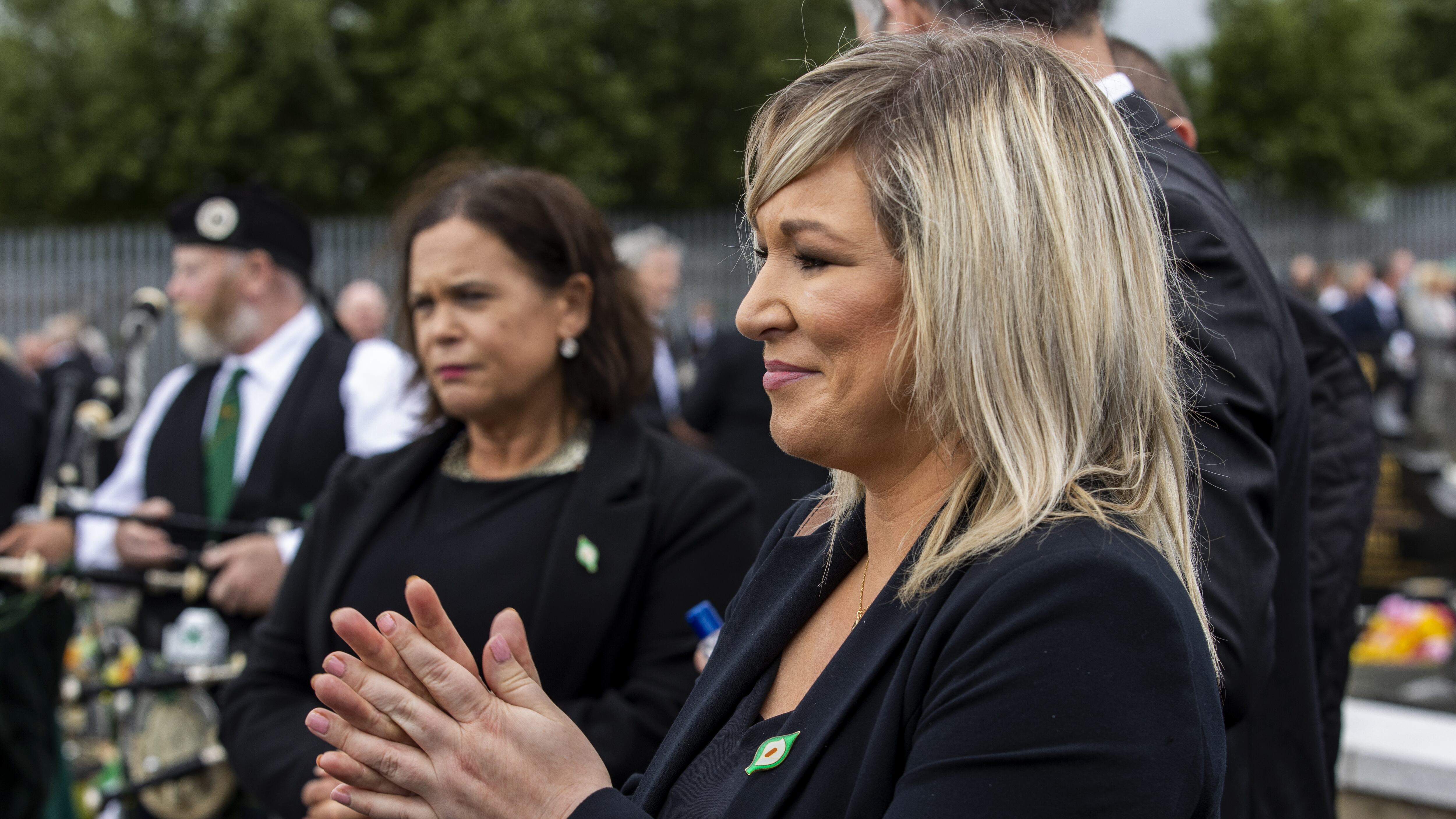 Mary Lou McDonald, left, and Michelle O’Neill during the funeral of Bobby Storey at the Republican plot at Milltown Cemetery in west Belfast in 2020