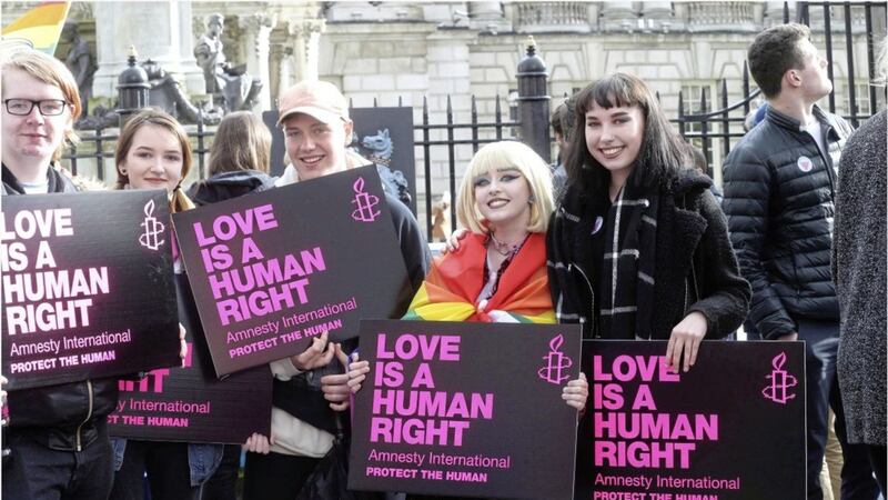The Rainbow Project organised the protest at Belfast City Hall against the Chechen government&#39;s reported detention of gay men. Picture by Hugh Russell 