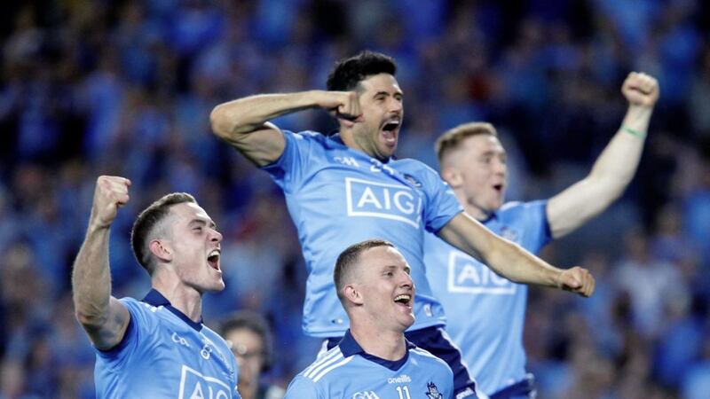 Dublin celebrate the five-in-a-row in front of Hill 16. Picture by Philip Walsh 