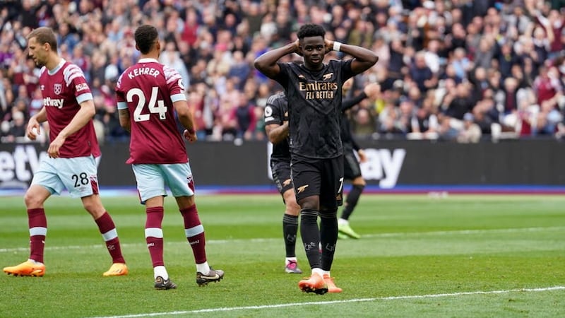 Bukayo Saka after missing a penalty against West Ham at the London Stadium on Sunday, a match the Gunners led 2-0 but ended up drawing 2-2 as they battle to stay ahead of Manchester City in the title race