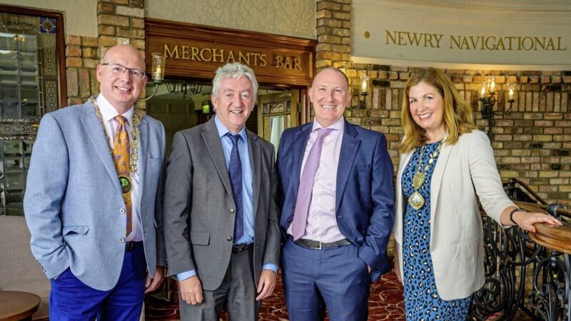 L-R: Cllr Michael Savage, chair of Newry, Mourne and Down District Council; Tourism NI chief John McGrillen; Gerry Lennon, Visit Belfast; and Julie Gibbons, President of Newry Chamber. 
