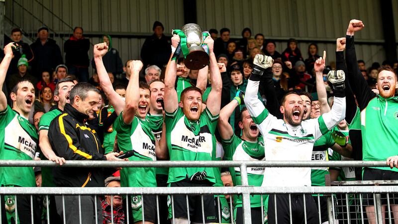 Rock's players celebrate their victory over Blackhill in Sunday's Ulster JFC final<br />Picture by S&eacute;amus Loughran&nbsp;