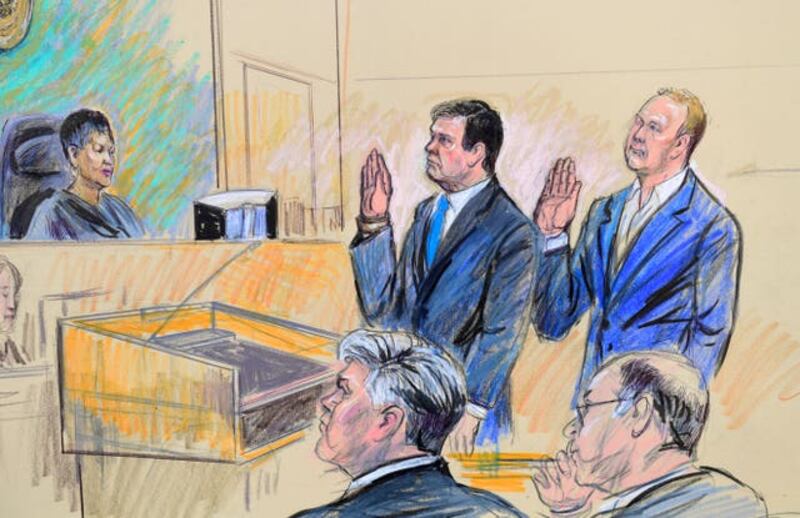 A court artist drawing shows Manafort and Gates in federal court