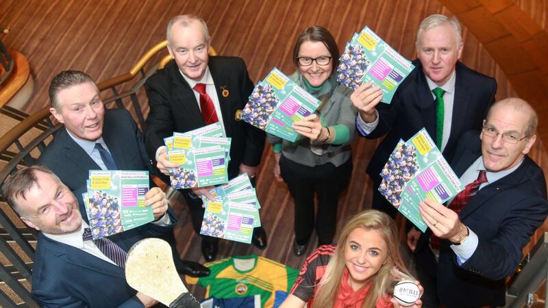 Launching the Irish News School, Club and Volunteer Awards for 2018 at the Wellington Park Hotel are Malachy Toner, general manager of the Wellington Park Hotel, Raymond Tumilty, O&rsquo;Neills GAA sales manager, Ulster Council president Michael Hasson, Denise Hayward, chief executive of Volunteer Now, Irish News sports editor Thomas Hawkins, Se&aacute;n &Oacute; Coinn, chief executive of Foras na Gaeilge, and Aine Murphy from Lavey GAC&nbsp;