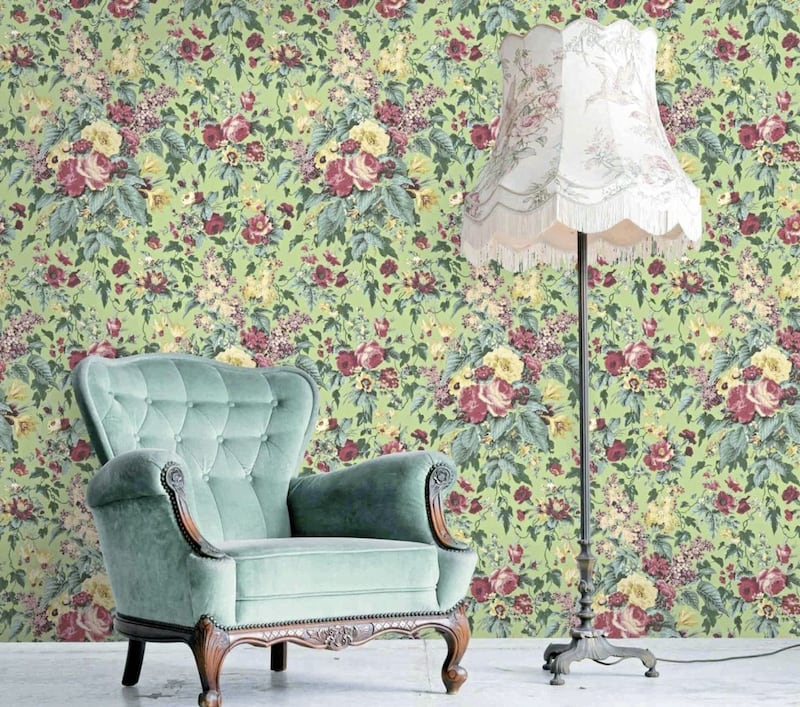 Faded Glamour Vintage Green Wallpaper, other items part of room set, Woodchip and Magnolia, landscape 