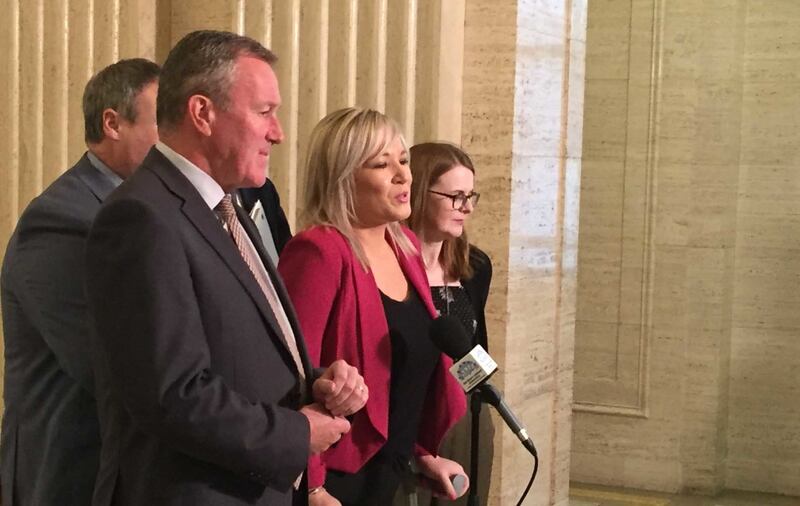 &nbsp;Michelle O'Neill with Sinn F&eacute;in MLAs Conor Murphy and Caoimhe Archibald at Stormont. Picture by Michael McHugh, Press Association