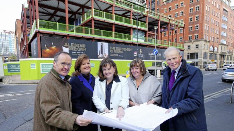 Hastings Hotels directors Howard Hastings (managing director), Allyson McKimm (events director), Aileen Martin (sales director), Julie Hastings (marketing director) and Edward Carson (vice-chairman and financial director) unveil new plans for the Grand Central Hotel. Photo: Kelvin Boyes/Press Eye 