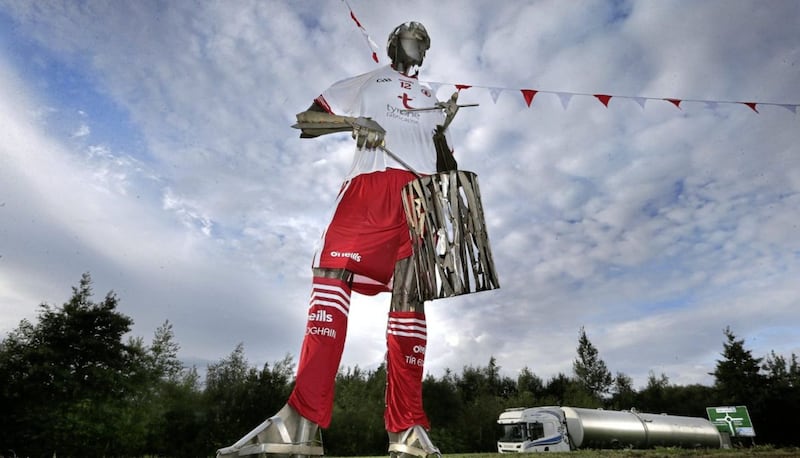 The Tinnies sculpture in Strabane adorned with the Tyrone kit. Picture by Margaret McLaughlin 