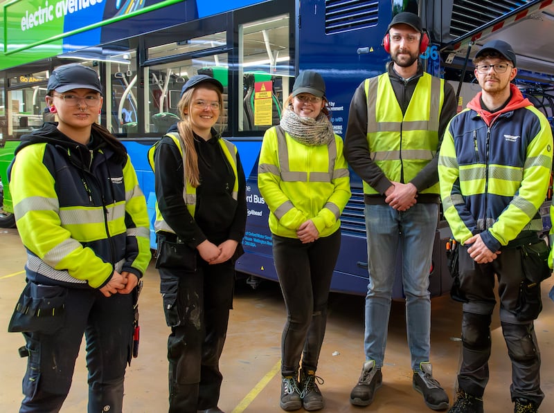 Wrightbus apprentices including Hannah Currie, third left, and Nathan Lawrence, fourth left.
