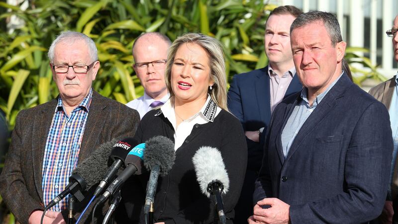 Sinn F&eacute;in's northern leader Michelle O'Neill, with party colleagues, as she addresses the media at Stormont Castle in Belfast, yesterday<br />PICTURE: Mal McCann