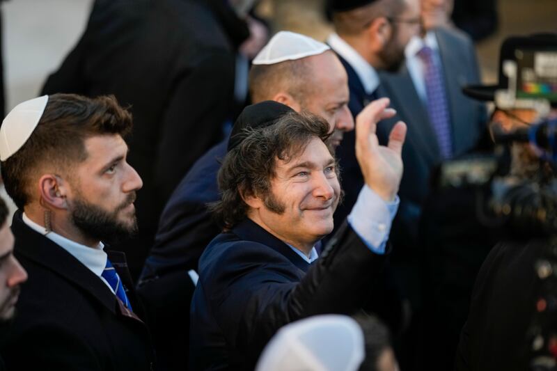 Argentine President Javier Milei visits the Western Wall, the holiest site where Jews can pray, in Jerusalem’s Old City on Tuesday (Leo Correa/AP)